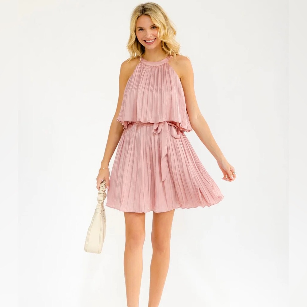 Sleeveless Pleated Halter Mini Dress in Magenta